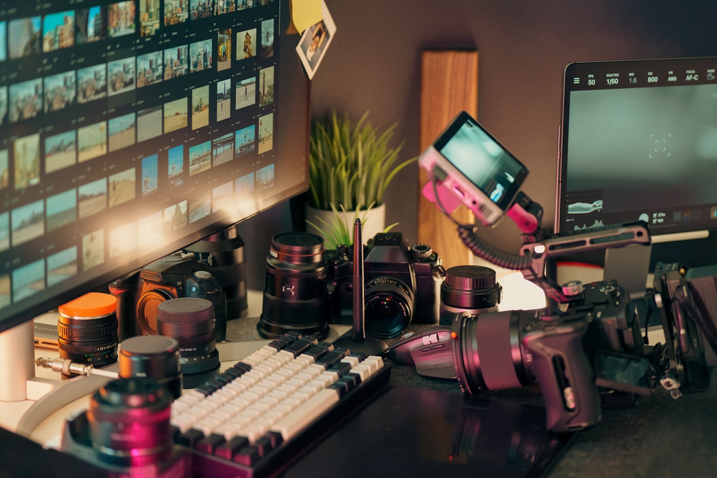 Content creation desk with cameras, lenses, keyboard, and editing screens